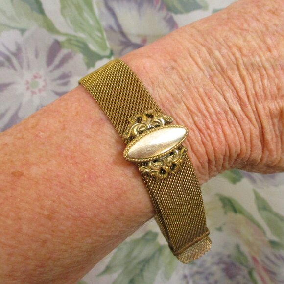 VICTORIAN Gold Filled Mesh Slide Bracelet ~ ANTIQUE Gold Fancy Slide Bracelet - Picture 10 of 13